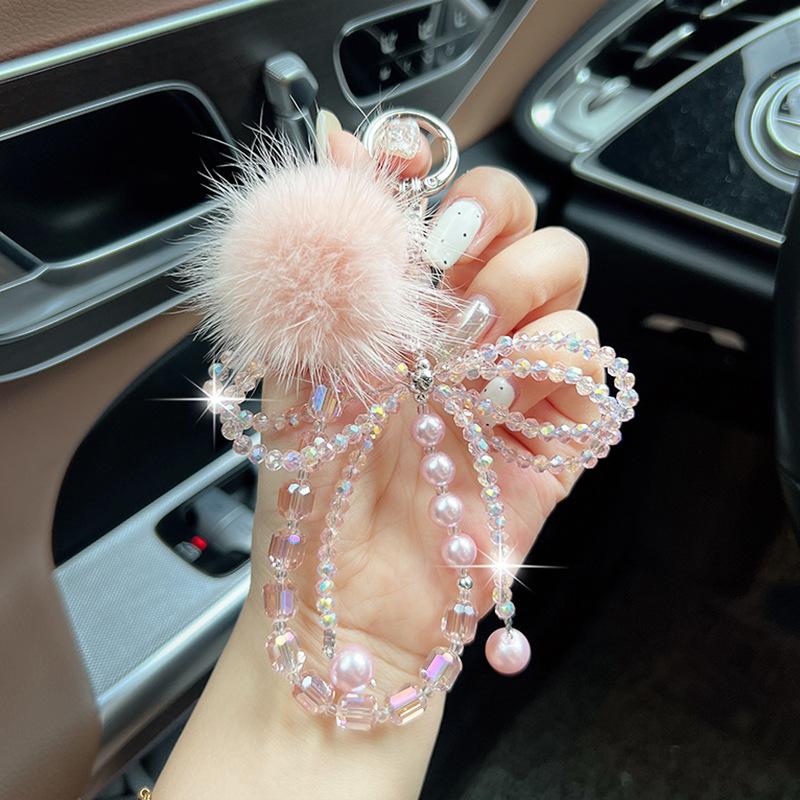 New Mink Fur Crystal Bow Bead String Car Keychain Fashionable Mobile Phone Pendant Creative Bag Decoration розовый