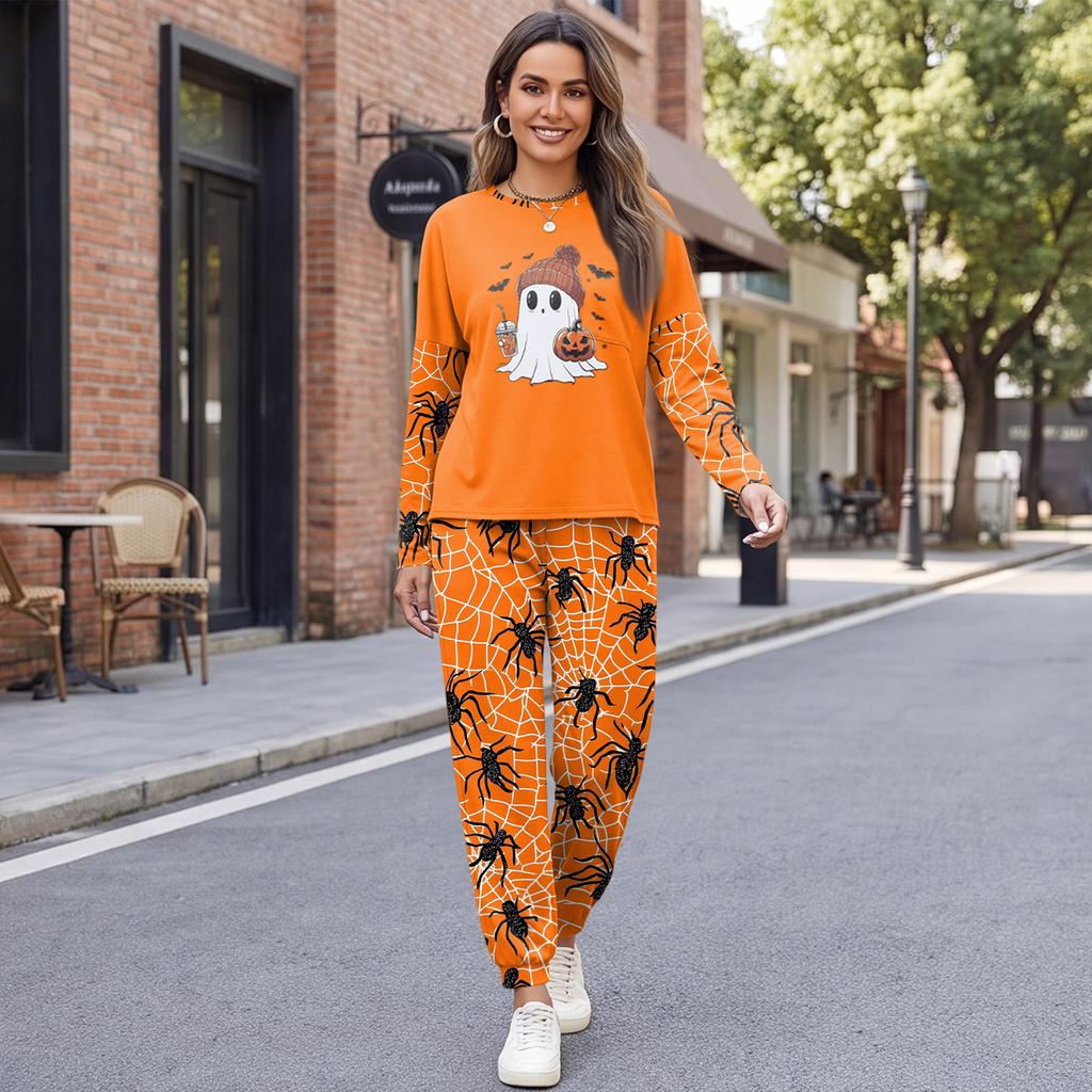 Women's Casual Sweatshirt and Jogger Set with Halloween Print, Round Neck, Loose Fit, Chest Pocket