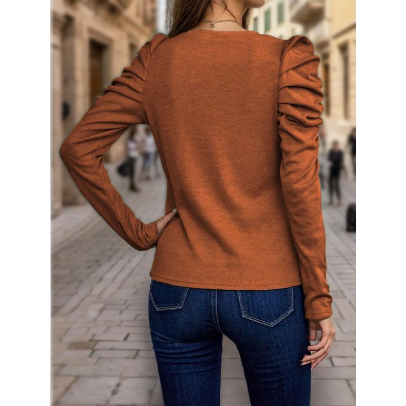 Women S Long Sleeve Puff Sleeve Crew Neck Solid Color Casual T Shirt