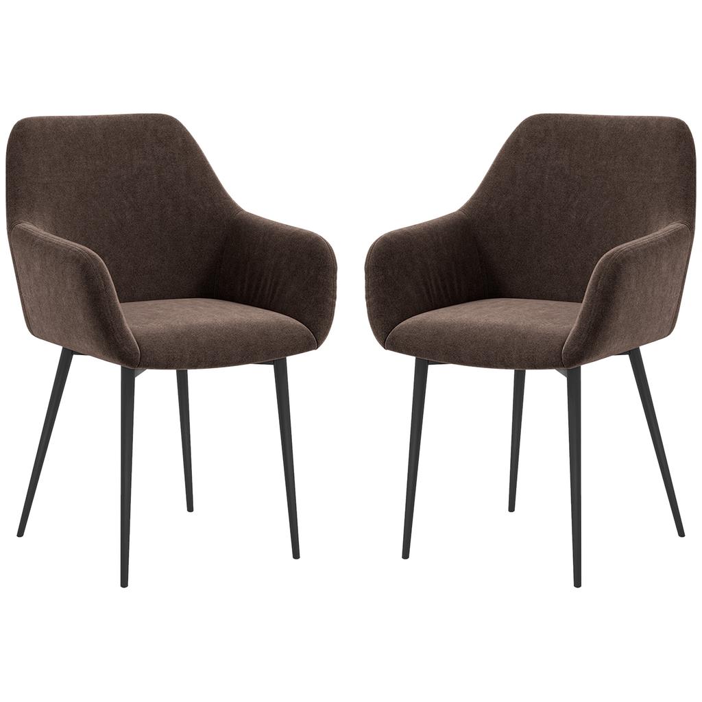 Set 2 Nordic Dining Chairs With Curved Armrests Upholstered In Velvet Effect Fabric 54x57x80 Cm Brown