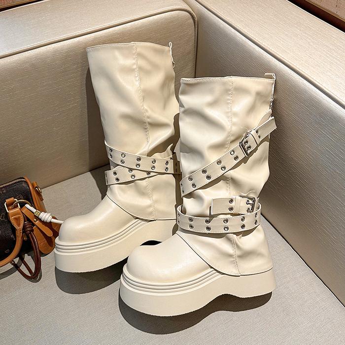 Hottie Platform Thick Heel Women Knight Boots Fashion Belt Buckle Shoes Female Punk Rivet Mid Calf Booties De Muje