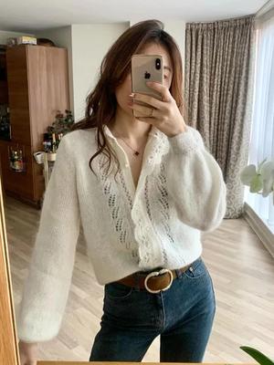 Weißer Strickpullover Für Damen Elegant Ausgestanzt Locker Langarm Revers Patchwork Mantel Top Damen Frühling Strickjacke 2026