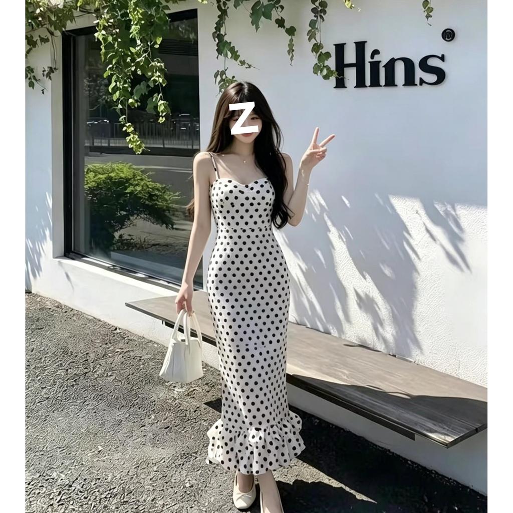 French Polka Dot Suspender Dress Xia Chun Wants the Wind To Close the Waist and Look Thin, Fish Tail Long Dress Temperament Gentle Wind Hip Long Style