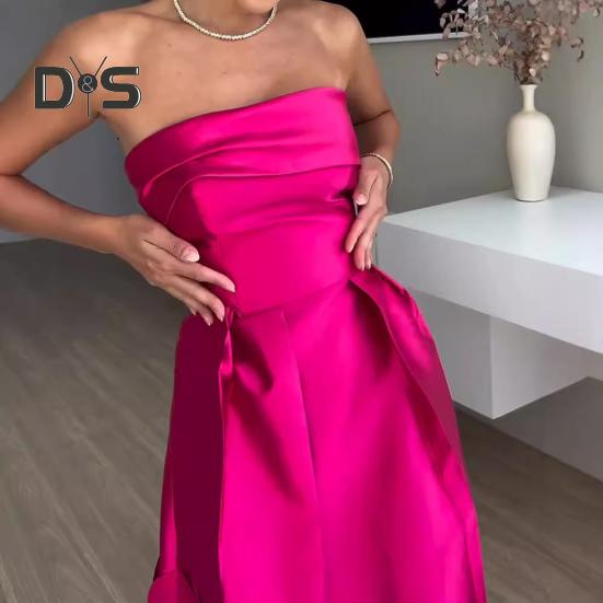 Evening Dress Hollow Out Round Satin Off-Shoulder Sleeveless Waist-Hugging Dress Summer Prom Wedding Party Maxi Dress