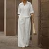 Women's 2 Piece Sets Casual Short Sleeve Lapel V Neck Top And Wide Leg Pants Summer Travel Vacation Lounge Outfits