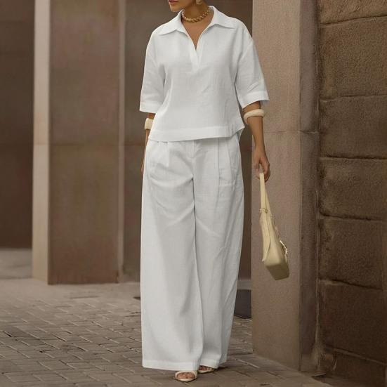 Women's 2 Piece Sets Casual Short Sleeve Lapel V Neck Top And Wide Leg Pants Summer Travel Vacation Lounge Outfits