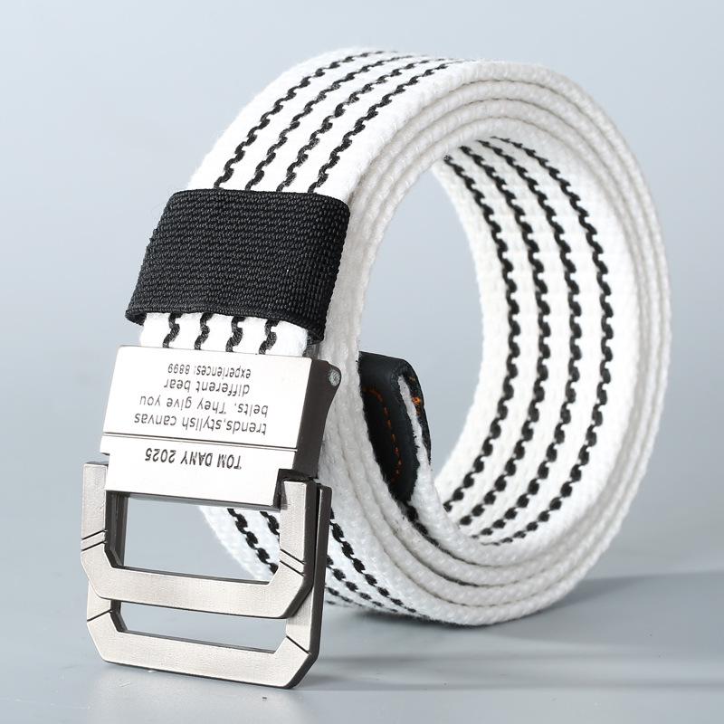 Men's Fashion Canvas Belt with Double Ring Buckle for Teens and Students - Leather-Accented and Adjustable Trousers Belt.