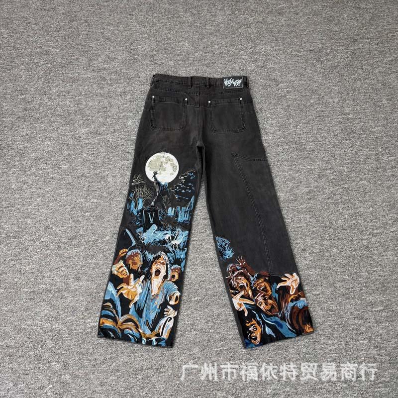 Vescartes Gefallener Engel Bestickte Jeans Locker Gerades Bein Vintage Hose Herren Damen