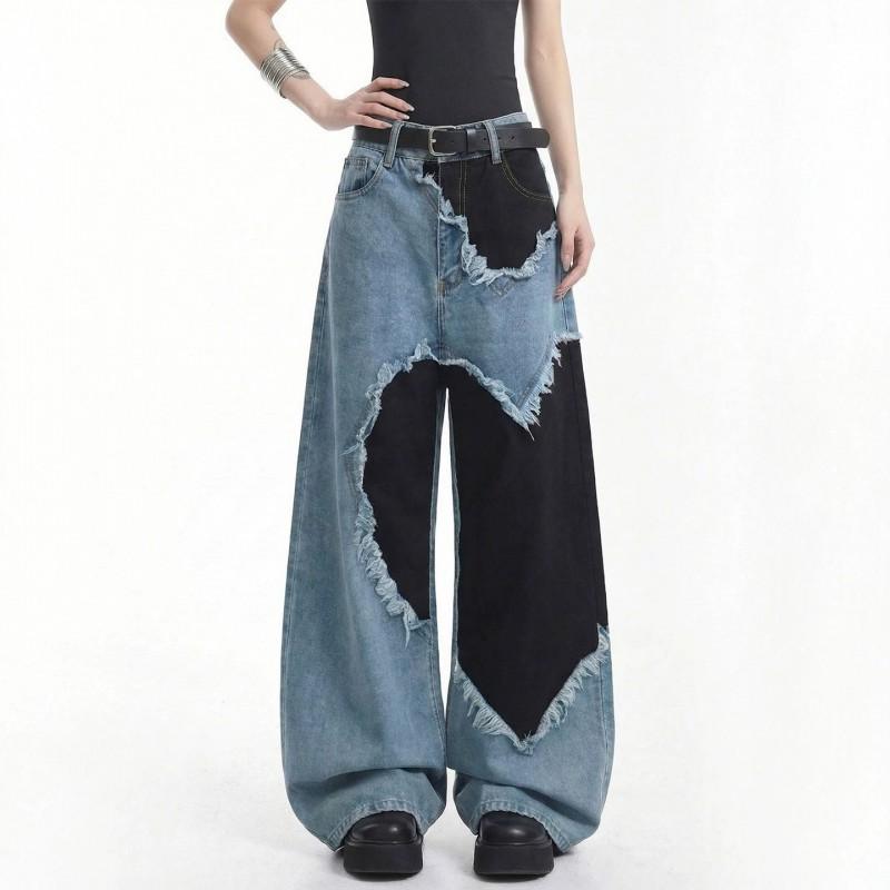 Womens High Waist Wide Leg Jeans Distressed Washed Denim Pants Slim Fit Casual Trousers Teens