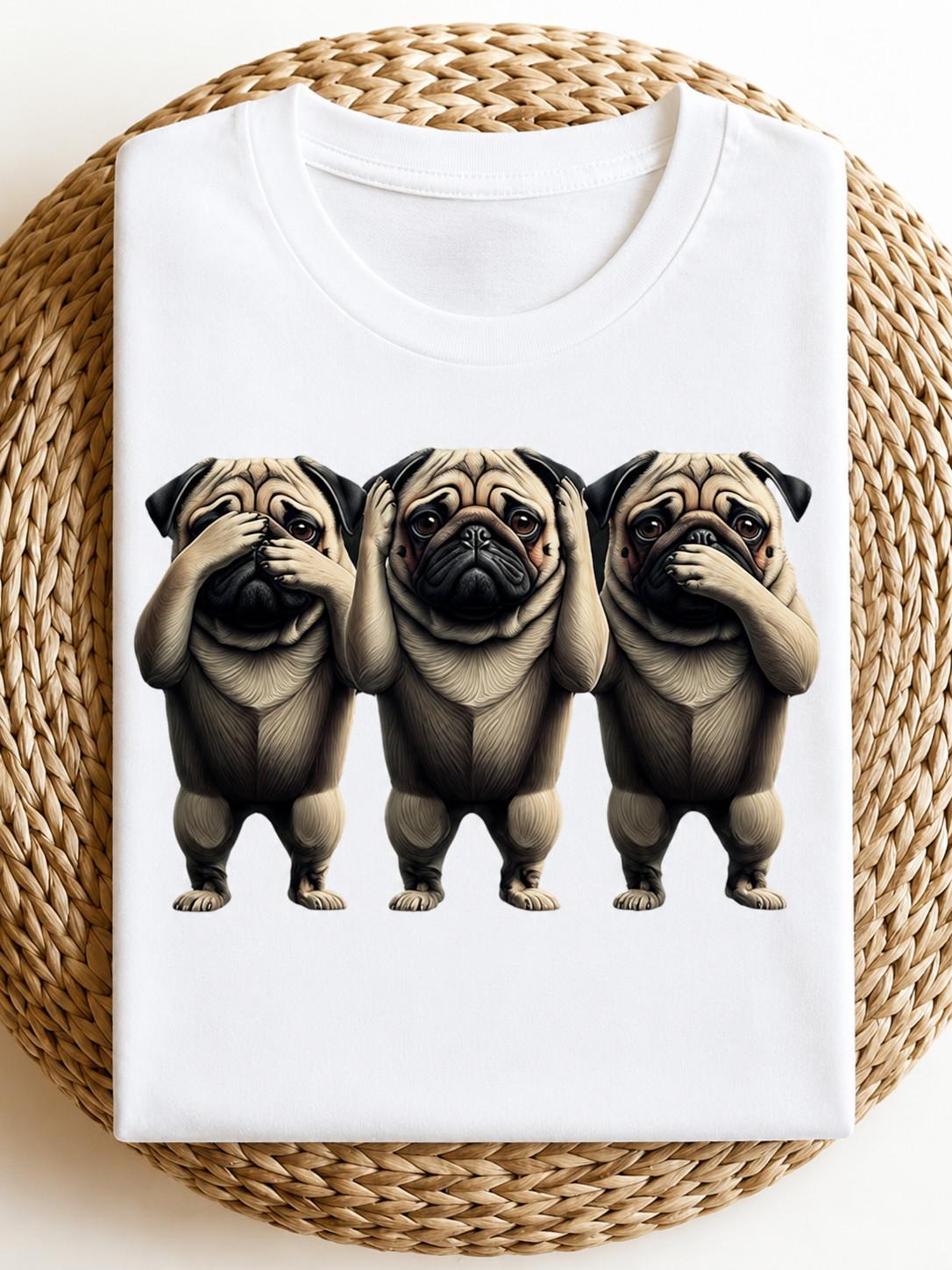 Funny Three Pug Dogs See Hear Speak No Evil Graphic T-Shirt Unisex Tee Gift M