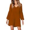 Women Fall Spring Dress V-Neck Single Color Comfortable Fit Patchwork A-line Big Swing Long Lantern Sleeve Soft Pullover Above Knee Mini Dr