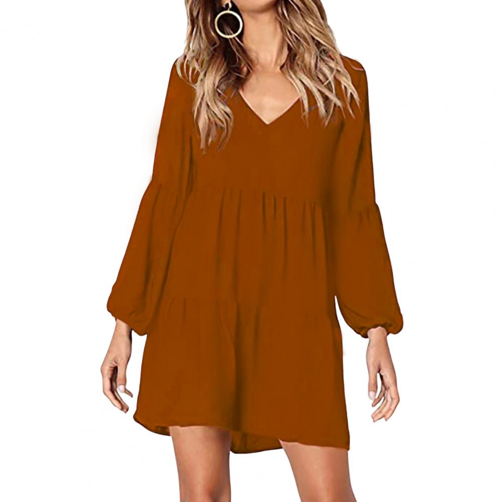 Women Fall Spring Dress V-Neck Single Color Comfortable Fit Patchwork A-line Big Swing Long Lantern Sleeve Soft Pullover Above Knee Mini Dr