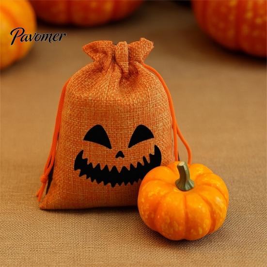 Drawstring Storage Sacks 2 Pcs Halloween Burlap Gift Bags with Drawstring, Trick or Treat Cute Holiday Candy Pouch, Reusable Goodies Bag for