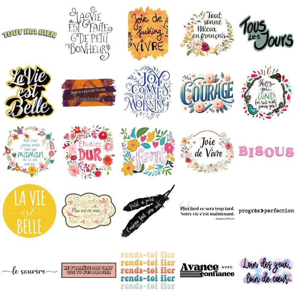 50-Piece Set of French Motivational Quote Stickers for Journals, Water Bottles, and Phone Cases.