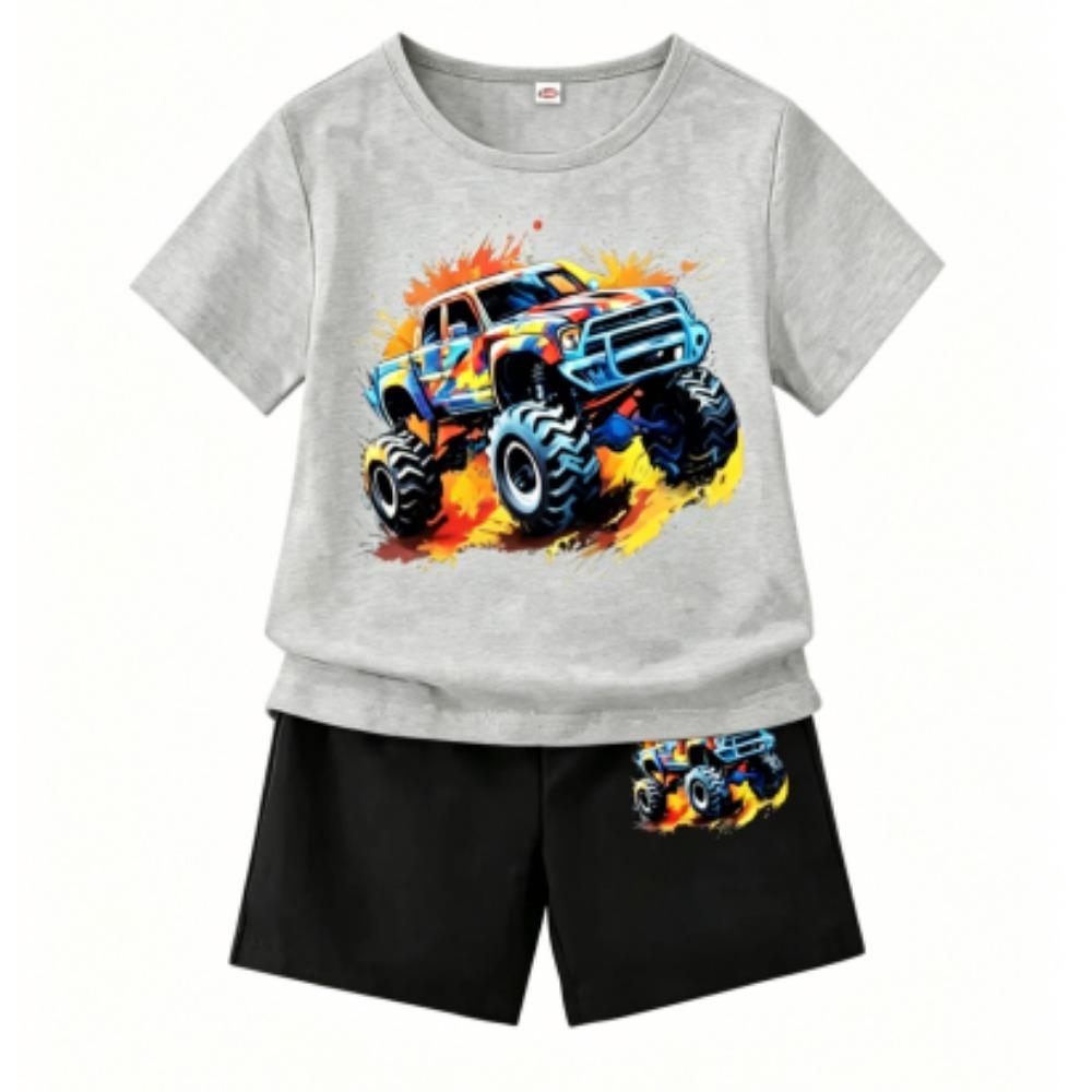 Cartoon Car Print Outdoor Street Kids T-shirt and Shorts Summer Home Casual Outfit Boy and Girl's Sports Set