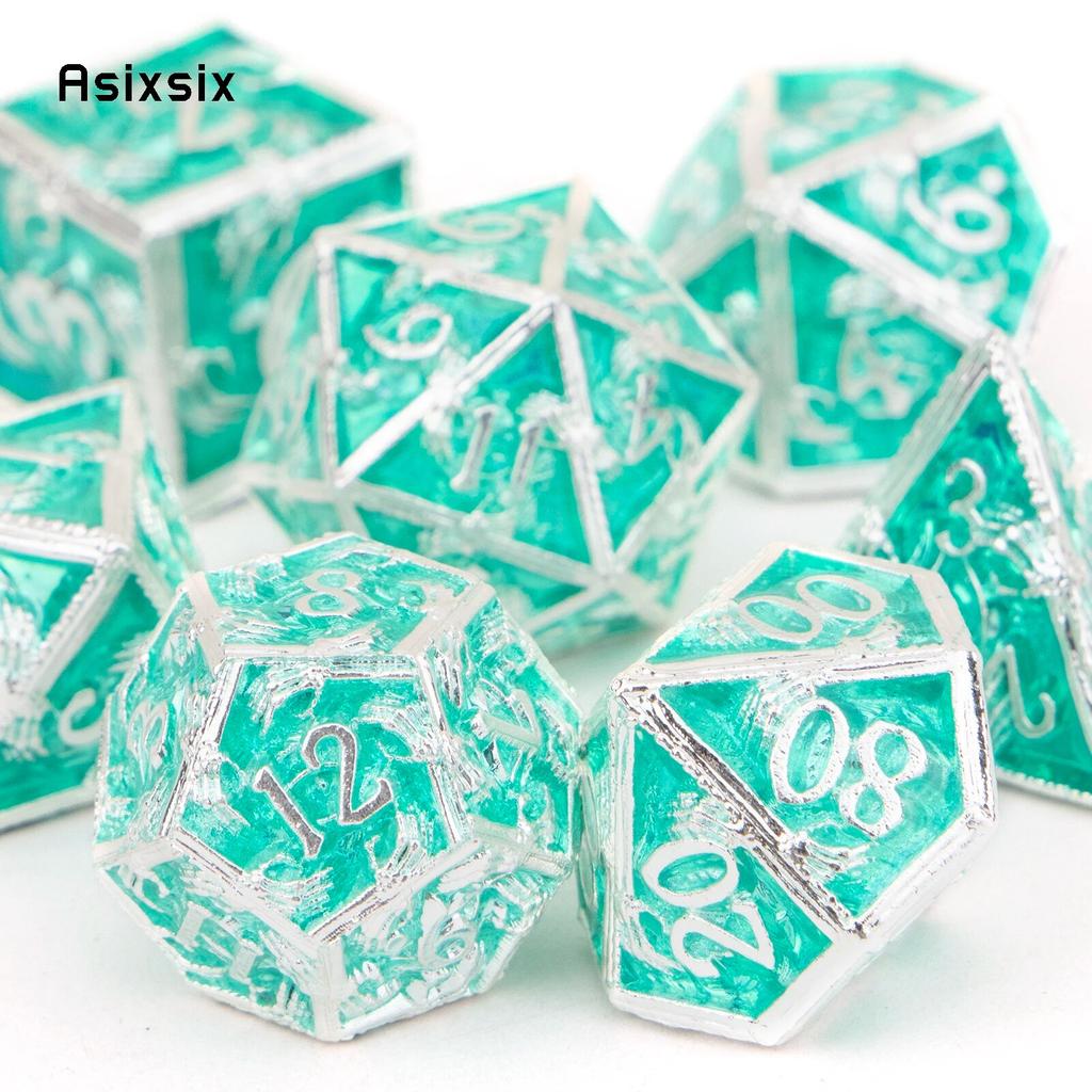 7 Pcs Silver Green Hand Metal Dice Solid Metal Polyhedral Dice Set Suitable for Role-Playing RPG  Board Game Card Game