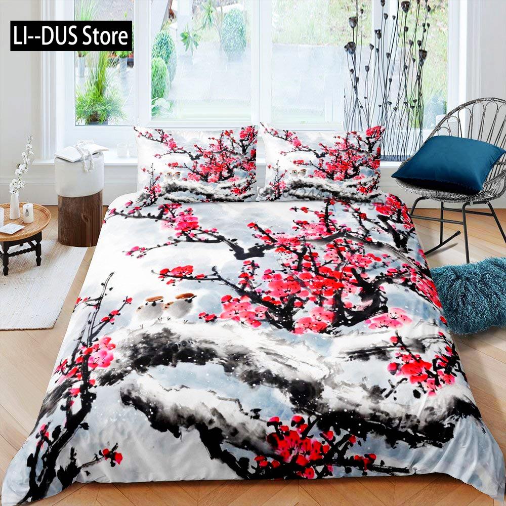 Chinese Traditional Painting Bedding Set Pink Plum Blossom Comforter Cover Set Full Size for Adults Teens Bedroom Decor 3pcs