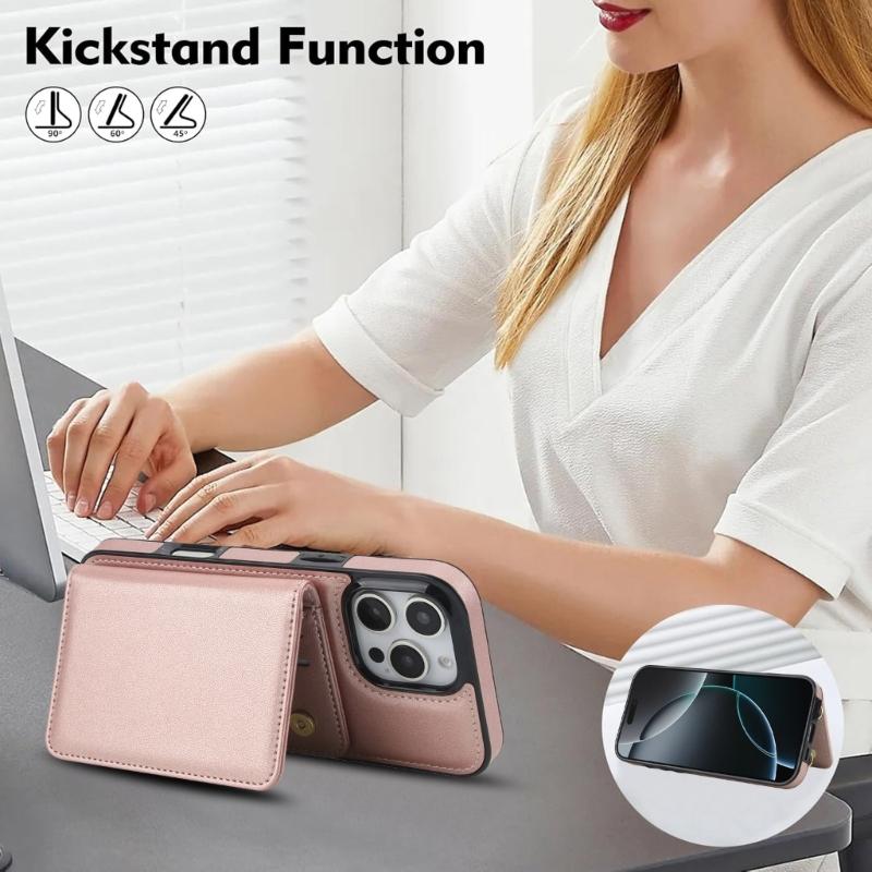 Magnetic Closure Cover for Phone 16 Series Kickstand Case with Card Holder Lanyard Shoulder Strap