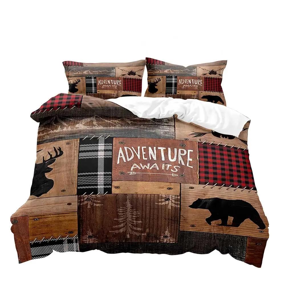 Farmhouse Duvet Cover SetBlack Bear Deer Elk Moose Forest Animal Wildlife Lodge Rustic Bedding Set KingSage Green Brown Plaid
