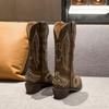Fashion Studded Western Cowboy Boots Boots for Women Autumn Fashion Zip Embroidered Pointed Toe Shoes Chunky Heel Mid Calf Knight Boots