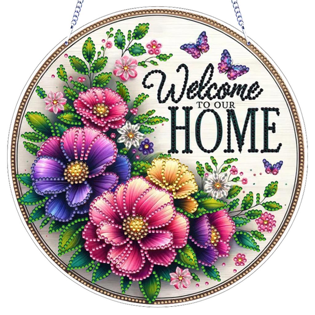 Haus Blume DIY 2D Flach Acryl Diamantmalerei Hängender Anhänger Doppelseitiger Diamant 24cm für Erwachsene Fenster Wand Dekor