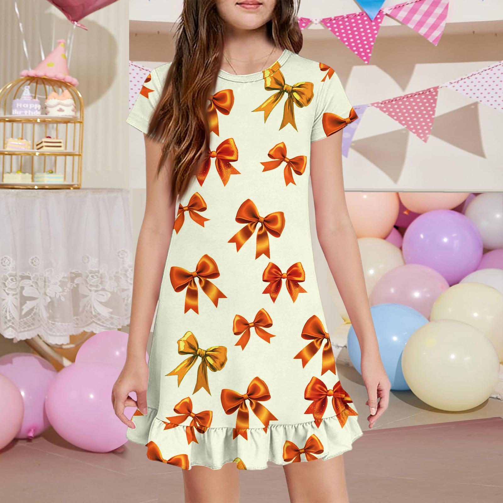 

Girls Dresses with Print Ruffle Hem Short Sleeve Flower Girl Dress for Teens Dresses for Girls 10-12 Girls Dress 160 жовтий