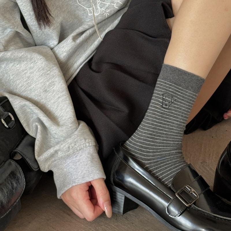 Little Dog Embroidered Striped Socks for Women, All-season School Style Versatile Mid-calf Socks