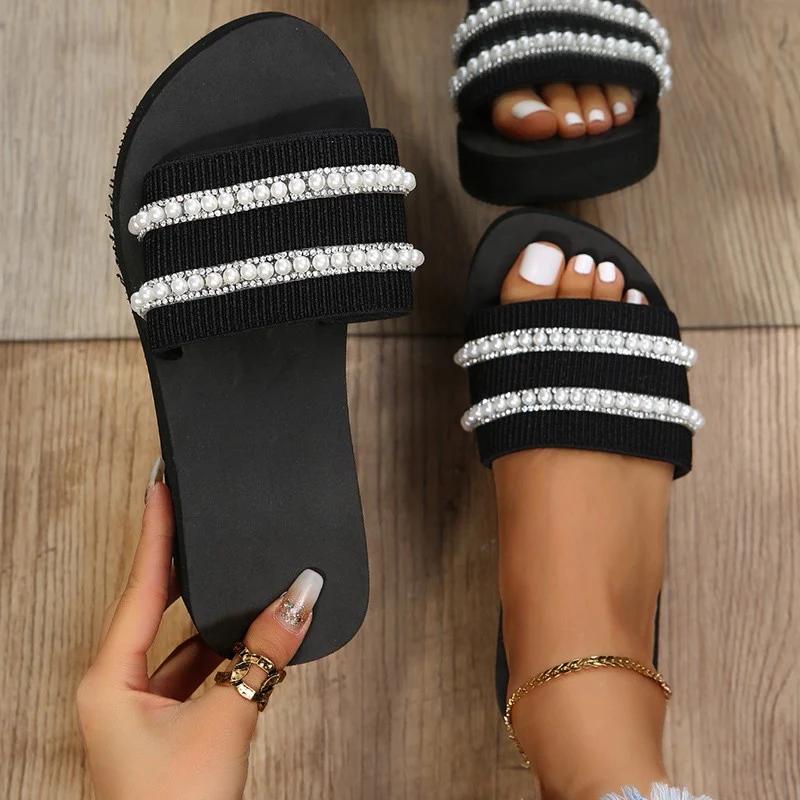 

Fashion Pearls To Decorate Slippers Woman Summer Wedge High Heel Sandals for Women Daily Lightweight Soft Bottom Non Slip Slides Mujer 42 чёрный