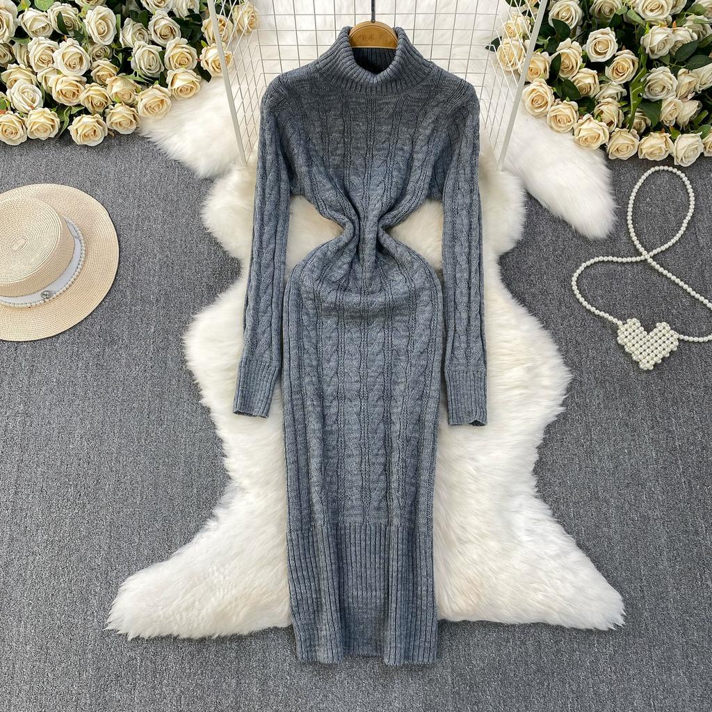 Autumn Winter Women Casual Turtleneck Twist Knitted Sweater Long Midi Slim Bodycon Pullover Dresses