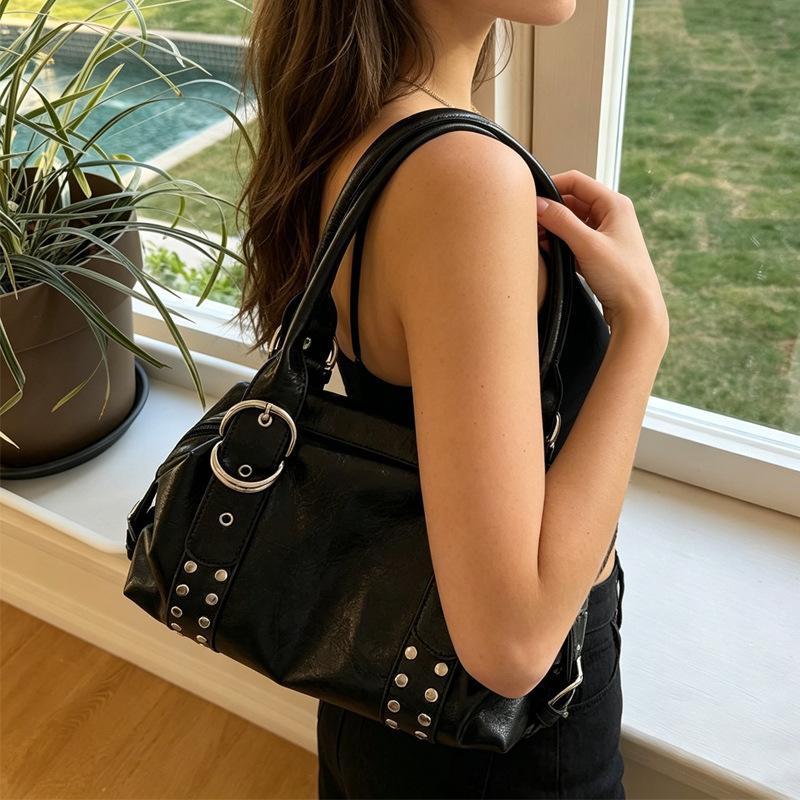 Black Faux Leather Shoulder Handbag Rivet Buckle Decor Vintage Satchel Bag with Top Handles