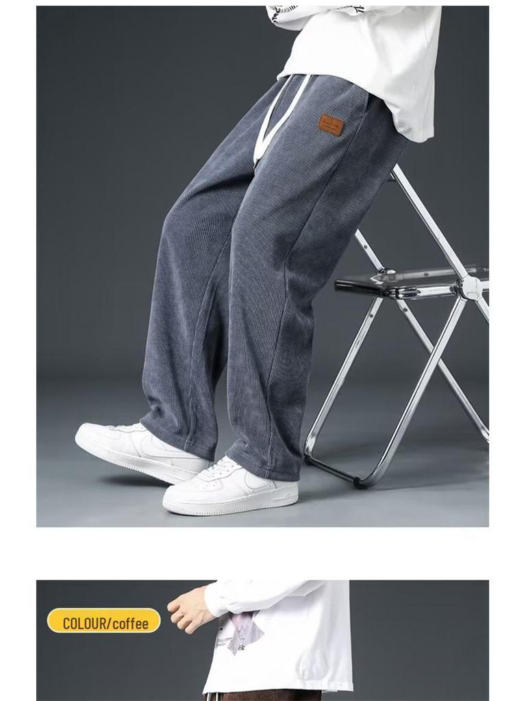 Men's Corduroy Heavyweight Straight-Leg Sweatpants: Trendy Wide-Leg Casual Pants for Spring and Autumn.