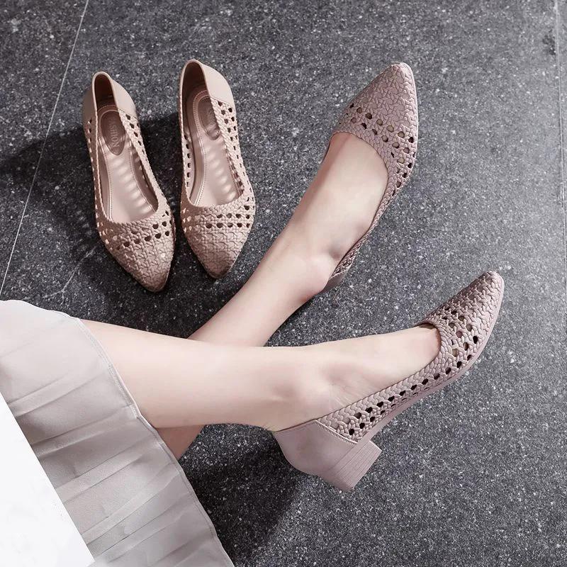 WTEMPO Pointed Toe Spring Summer Large Size Solid Color Single Shoes Women's Low Thick Heel Anti Slip Casual Work Shoes