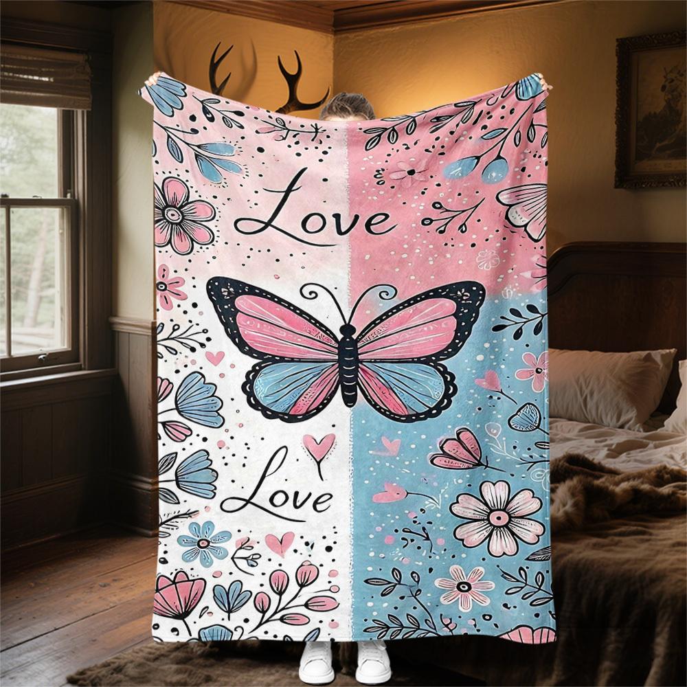 1pc Butterfly Love Outdoor Flannel Blanket Soft Warm All-Season Throw for Sofa Bed Car Camping Office, Cozy Gift Idea1265S