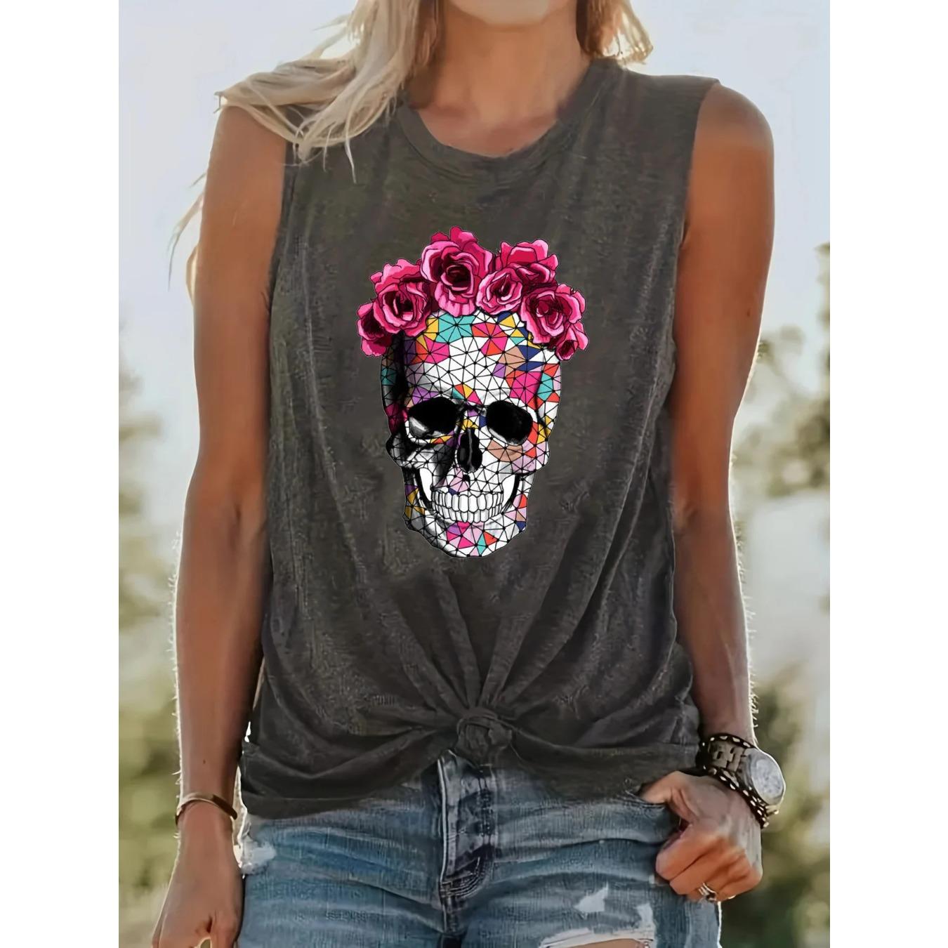 

Женская летняя повседневная майка без рукавов с круглым вырезом и принтом скелета и розы, модная уличная одежда M