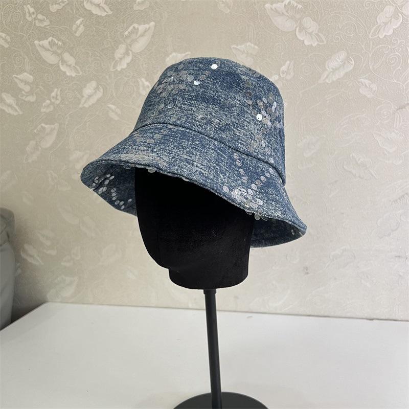 

Модная джинсовая панама с пайетками женская весенне-летняя дорожная универсальная солнцезащитная кепка с козырьком повседневная складная шляпа-ведерко M（56-58cm） темно-синий