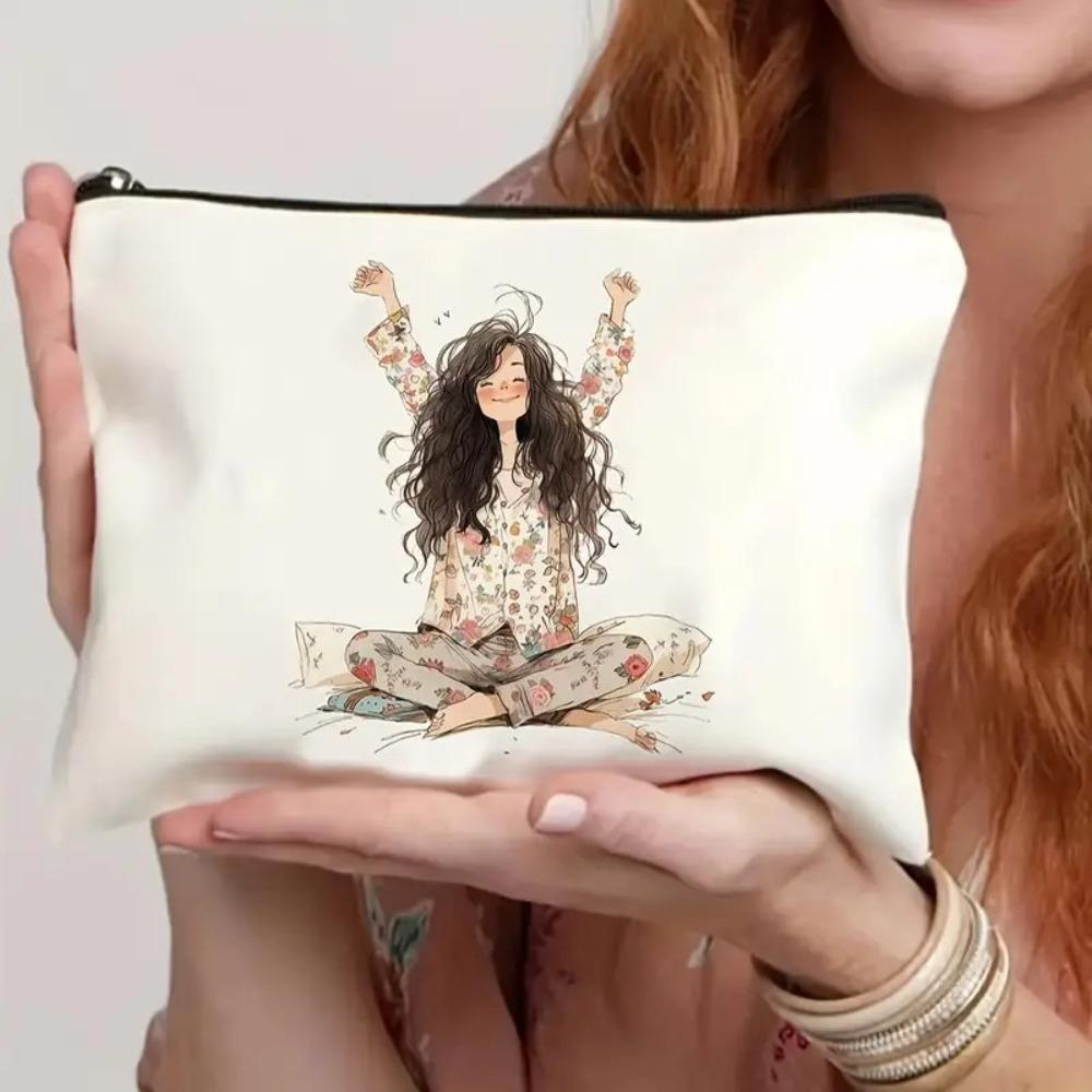 Durable Vintage Style Makeup Bag Cute Girl Pattern Foldable Storage Bag Lightweight Zipper Toiletry Bag Travel