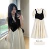 Summer Splicing Pleated Bubble Sleeves Contrasting Color Dress Women's Clothing Japanese Style Fake Two Waist A-shaped Long Dress