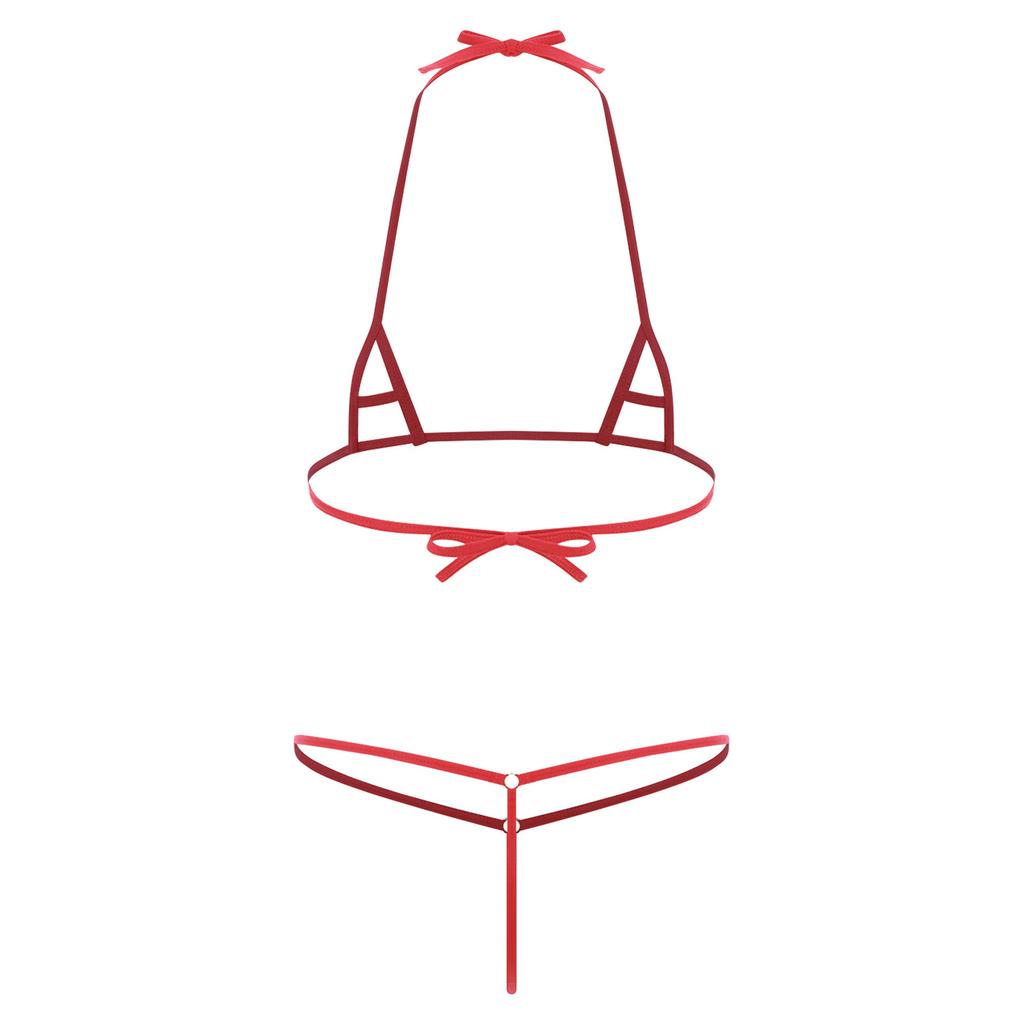 Womens Sheer Micro Bikini Set Halter Bra Top-G string Thong Swimsuit