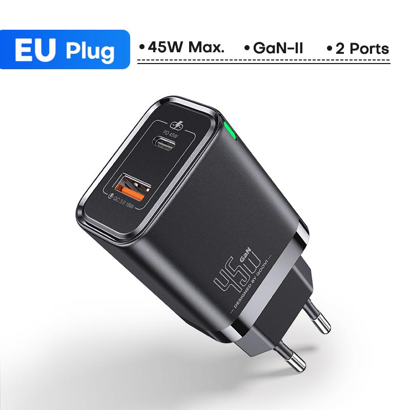 QOOVI Caricatore USB GaN 45W Caricatore da muro USB tipo C a ricarica rapida PD QC3.0 Ricarica rapida per iPhone Samsung S23 S21 MacBook Laptop Tablet