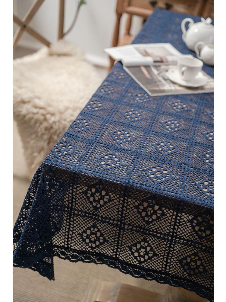 Crochet Lace Tablecloth with Tassels – Elegant Diamond Plaid Design, Cream Floral Patterns, Perfect for Weddings, Family Banquets Everyday Dining Room