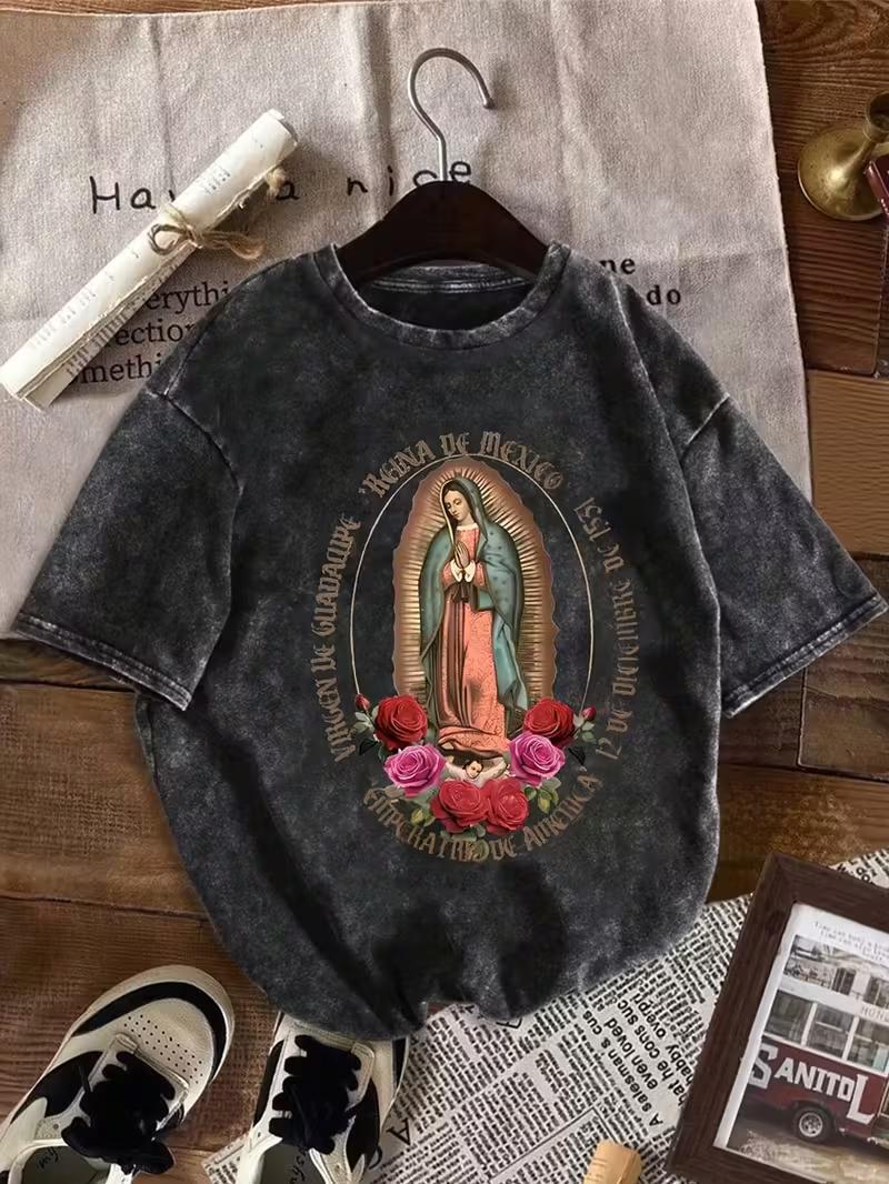 

Vintage Washed Our Lady of Guadalupe Graphic TShirt for Men Women Casual Short Sleeve Crew Neck Oversized Religious Tee S