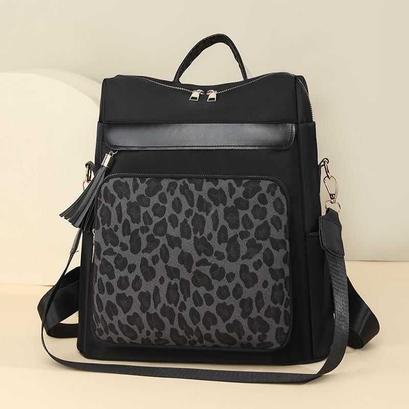 Vintage Leopard Print Stitching Backpack Multi-functional Shoulder Bag Large Capacity Student Backpack