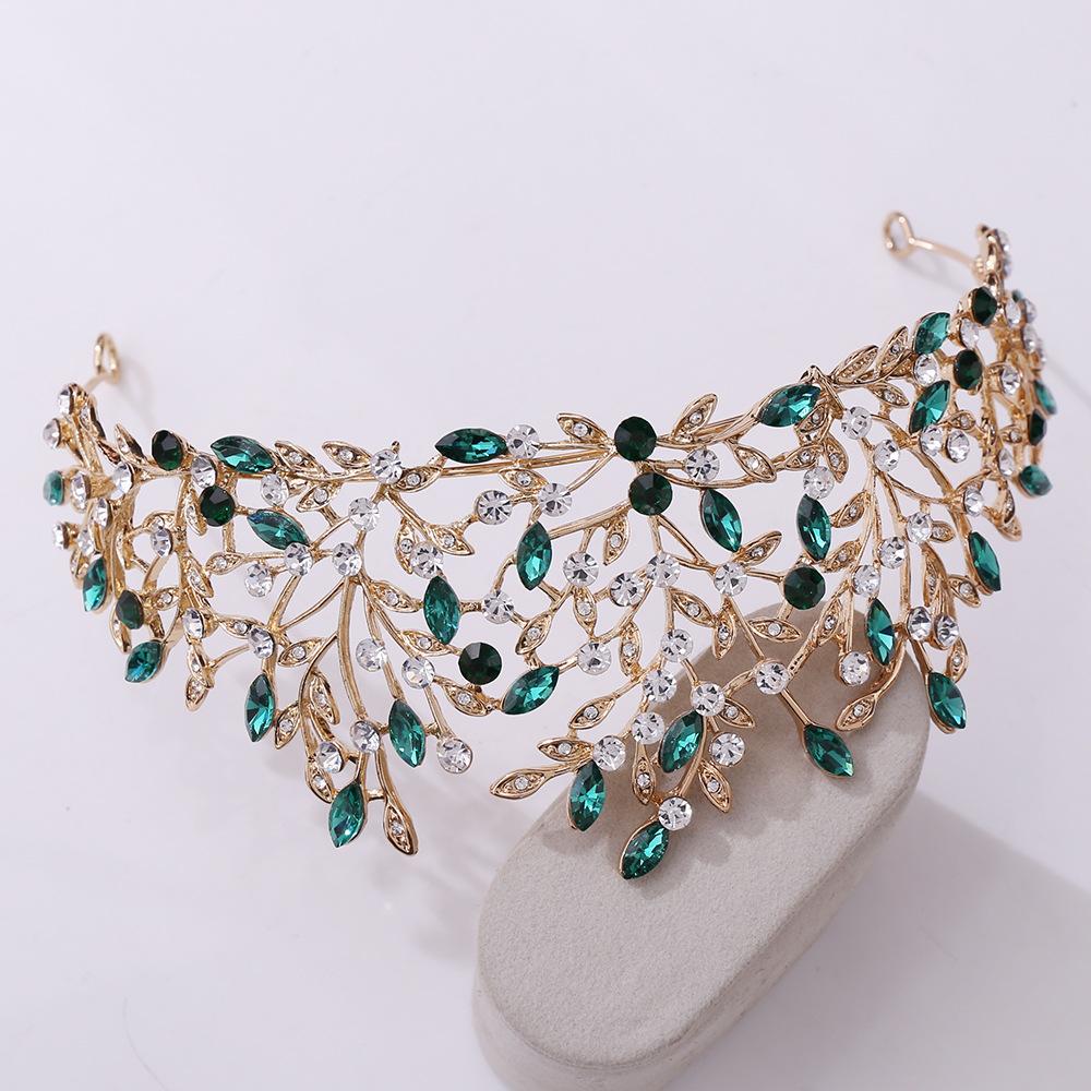 Baroque Vintage Gold Green Crystal Leaf Bridal Tiaras Crown Rhinestone Pageant Diadem Bride Headbands Wedding Hair Accessories