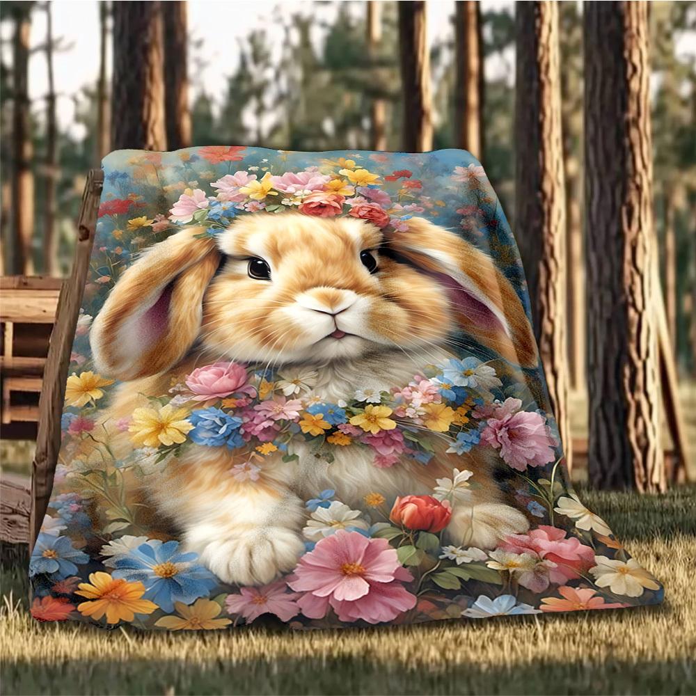 1pc Floral Bunny Ears Outdoor Flannel Blanket , Machine Washable Perfect Gift for Birthday , Holiday Travel Accessory , Durable Material