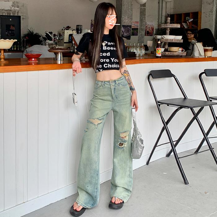 

Рваные джинсы для женщин летние с двойной пуговицей, вареные, состаренные, свободные прямые брюки для женщин, джинсы широкие от бедра для женщин, весна и лето XL