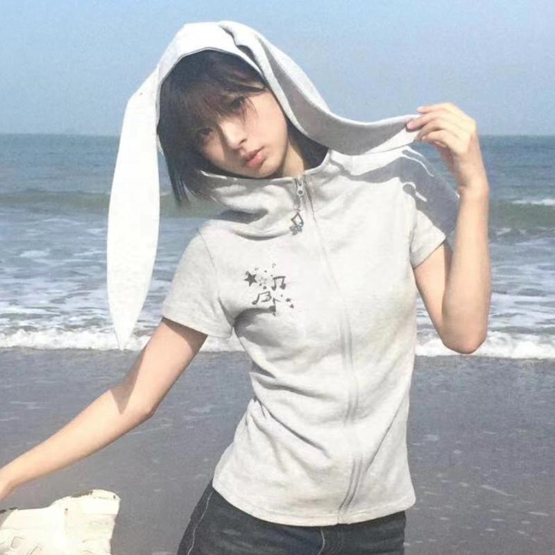 

Karrram японская футболка с капюшоном Y2k в винтажном стиле 2000-х годов, топы на молнии с кроличьими ушками, Harajuku, тонкая куртка с короткими рукавами, популярная в Корейском стиле S серый