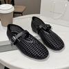 Sheepskin Version~ New European Genuine Leather Flat-bottomed One-word Buckle Woven Single Shoes British Low-heeled Shallow-mouth Mary Jane Shoes