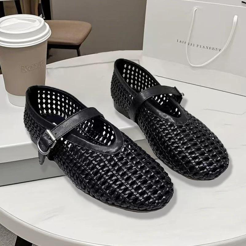 Sheepskin Version~ New European Genuine Leather Flat-bottomed One-word Buckle Woven Single Shoes British Low-heeled Shallow-mouth Mary Jane Shoes