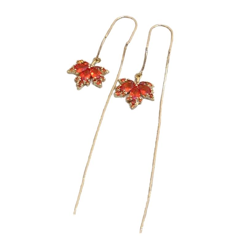 Elegant Red Crystal Maple Leaf Earrings Fashion Tassels Ear Ring Temperament Rhinestone Earwear Trendy Statement Pieces