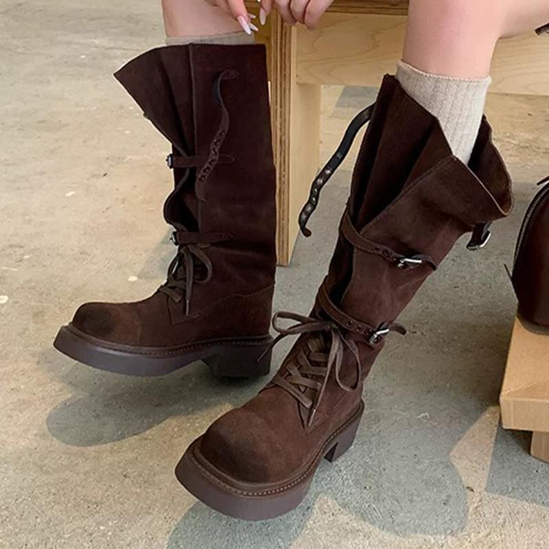 Fashion High Boots Women Winter Designer Shoes Flats Lace Up Fashion Knee High Boots 2025 New Cozy Dress Goth Chelsea Botas Mujerzapatos